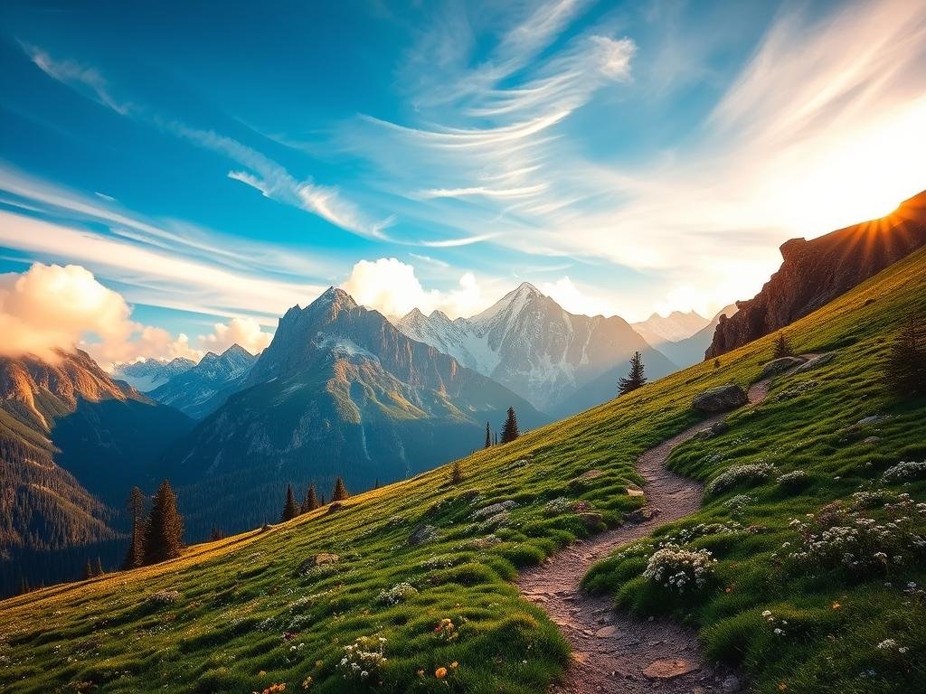 A breathtaking alpine landscape in Rocky Mountain National Park, Colorado. In the foreground, a winding trail meanders through a lush, verdant meadow dotted with wildflowers. Towering, snow-capped peaks rise in the background, their jagged silhouettes cutting against a vibrant azure sky. Warm, golden sunlight filters through wispy clouds, casting a soft, ethereal glow over the scene. The trail leads the viewer deeper into the heart of this majestic wilderness, inviting exploration of the park's rugged, untamed beauty. A wide-angle lens captures the grandeur of this awe-inspiring vista, showcasing the park's remarkable alpine terrain in all its natural splendor. A breathtaking alpine landscape in Rocky Mountain National Park, Colorado. In the foreground, a winding trail meanders through a lush, verdant meadow dotted with wildflowers. Towering, snow-capped peaks rise in the background, their jagged silhouettes cutting against a vibrant azure sky. Warm, golden sunlight filters through wispy clouds, casting a soft, ethereal glow over the scene. The trail leads the viewer deeper into the heart of this majestic wilderness, inviting exploration of the park's rugged, untamed beauty. A wide-angle lens captures the grandeur of this awe-inspiring vista, showcasing the park's remarkable alpine terrain in all its natural splendor.