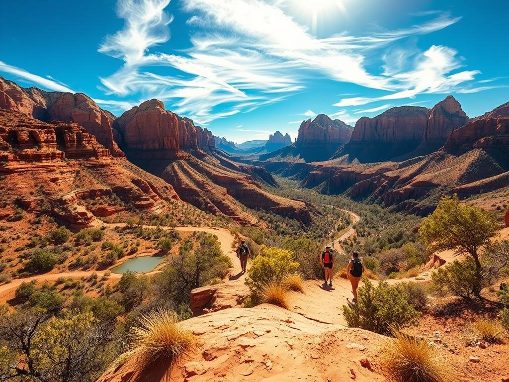 A breathtaking desert landscape, Zion National Park's rugged hiking trails wind through towering red rock formations and lush oases. In the foreground, a weathered sandstone path leads hikers past shimmering pools and lush vegetation. Towering cliffs in warm hues of ochre and amber rise in the middle ground, casting dramatic shadows across the scene. In the distance, the iconic monoliths of the Virgin River gorge frame the horizon, their jagged silhouettes etched against a clear azure sky. Warm sunlight filters through wispy clouds, casting a soft, golden glow over the entire panorama. The atmosphere evokes a sense of serene exploration, inviting hikers to venture deep into this spectacular desert paradise. A breathtaking desert landscape, Zion National Park's rugged hiking trails wind through towering red rock formations and lush oases. In the foreground, a weathered sandstone path leads hikers past shimmering pools and lush vegetation. Towering cliffs in warm hues of ochre and amber rise in the middle ground, casting dramatic shadows across the scene. In the distance, the iconic monoliths of the Virgin River gorge frame the horizon, their jagged silhouettes etched against a clear azure sky. Warm sunlight filters through wispy clouds, casting a soft, golden glow over the entire panorama. The atmosphere evokes a sense of serene exploration, inviting hikers to venture deep into this spectacular desert paradise.