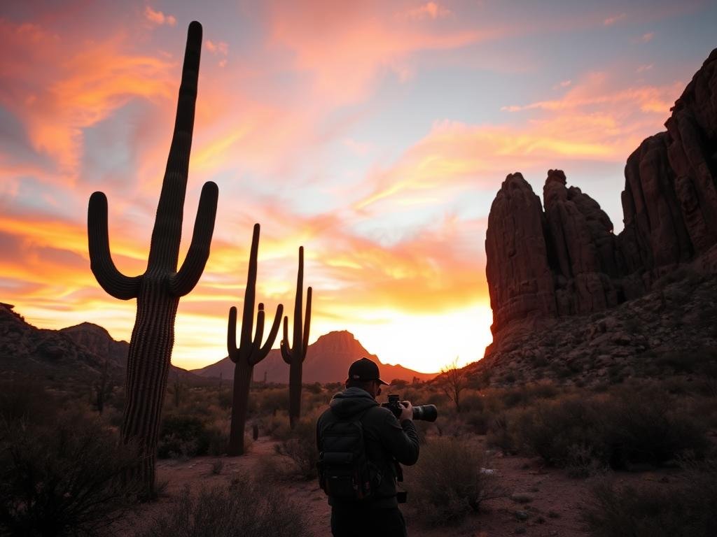A breathtaking desert landscape at sunrise, the sky ablaze with warm hues of orange and pink. In the foreground, a skilled photographer captures the moment, their camera poised to immortalize the dramatic play of light and shadow across the rugged terrain. Towering saguaro cacti and ancient rock formations frame the scene, creating a timeless, cinematic atmosphere. The low, raking light casts long shadows, emphasizing the textures and contours of the environment. A wide-angle lens has been used to accentuate the vast, expansive nature of the desert, while careful attention to composition and focus ensures that the essential elements are sharply defined. The overall mood is one of tranquility and wonder, inviting the viewer to experience the magic of an Arizona sunrise through the lens. A breathtaking desert landscape at sunrise, the sky ablaze with warm hues of orange and pink. In the foreground, a skilled photographer captures the moment, their camera poised to immortalize the dramatic play of light and shadow across the rugged terrain. Towering saguaro cacti and ancient rock formations frame the scene, creating a timeless, cinematic atmosphere. The low, raking light casts long shadows, emphasizing the textures and contours of the environment. A wide-angle lens has been used to accentuate the vast, expansive nature of the desert, while careful attention to composition and focus ensures that the essential elements are sharply defined. The overall mood is one of tranquility and wonder, inviting the viewer to experience the magic of an Arizona sunrise through the lens.
