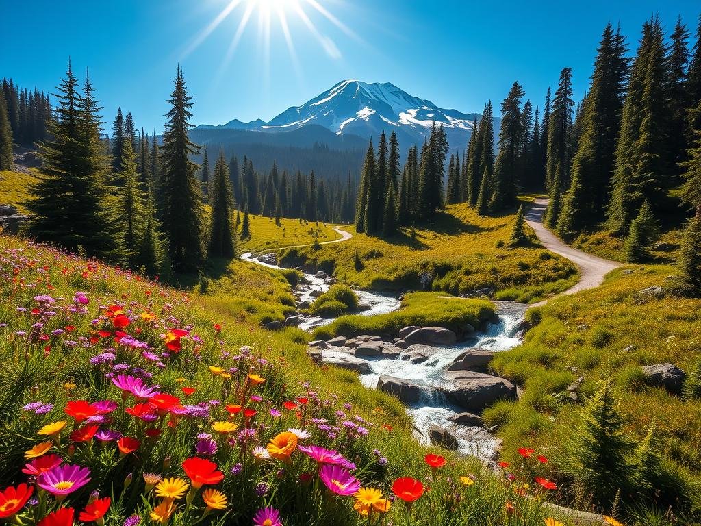 A breathtaking landscape of Mount Rainier National Park's winding trails, bathed in warm, golden sunlight that filters through the verdant forest canopy. In the foreground, a lush meadow bursts with vibrant wildflowers - vibrant reds, purples, and yellows that sway gently in the mountain breeze. The middle ground reveals a cascading stream, its crystal-clear waters rushing over smooth, moss-covered rocks. And in the distance, the majestic, snow-capped peak of Mount Rainier rises majestically, its glaciers gleaming under the clear, azure sky. The scene evokes a sense of tranquility and wonder, inviting the viewer to embark on an unforgettable journey through this breathtaking natural paradise. A breathtaking landscape of Mount Rainier National Park's winding trails, bathed in warm, golden sunlight that filters through the verdant forest canopy. In the foreground, a lush meadow bursts with vibrant wildflowers - vibrant reds, purples, and yellows that sway gently in the mountain breeze. The middle ground reveals a cascading stream, its crystal-clear waters rushing over smooth, moss-covered rocks. And in the distance, the majestic, snow-capped peak of Mount Rainier rises majestically, its glaciers gleaming under the clear, azure sky. The scene evokes a sense of tranquility and wonder, inviting the viewer to embark on an unforgettable journey through this breathtaking natural paradise.