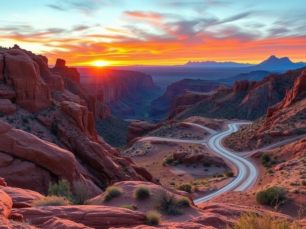 A breathtaking vista of alternative sunrise spots in Arizona's rugged desert landscape. In the foreground, a dramatic red rock formation bathes in the warm glow of the rising sun, casting long shadows across the parched earth. In the middle ground, a winding dusty road leads to a hidden canyon, its towering walls aglow with vibrant hues. In the distant background, majestic mountains stretch towards the horizon, their peaks silhouetted against a vibrant orange and pink sky. The scene is infused with a sense of tranquility and adventure, inviting the viewer to explore these lesser-known but equally captivating sunrise locations in Arizona. A breathtaking vista of alternative sunrise spots in Arizona's rugged desert landscape. In the foreground, a dramatic red rock formation bathes in the warm glow of the rising sun, casting long shadows across the parched earth. In the middle ground, a winding dusty road leads to a hidden canyon, its towering walls aglow with vibrant hues. In the distant background, majestic mountains stretch towards the horizon, their peaks silhouetted against a vibrant orange and pink sky. The scene is infused with a sense of tranquility and adventure, inviting the viewer to explore these lesser-known but equally captivating sunrise locations in Arizona.