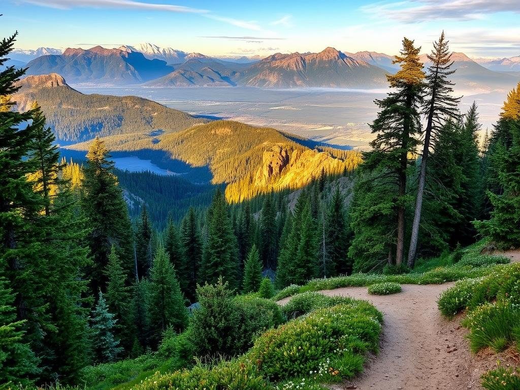 A breathtaking vista of the Mineral Ridge National Recreation Trail in Northern Idaho. The trail winds through lush, verdant forests, offering stunning panoramic views of the surrounding mountains. In the foreground, a well-maintained dirt path meanders through the dense foliage, inviting hikers to explore the diverse terrain. The middle ground showcases rugged, rocky outcroppings and towering pines, casting dramatic shadows across the landscape. The background is dominated by a range of majestic, snow-capped peaks, bathed in the warm, golden hues of the afternoon sun. The scene exudes a sense of tranquility and adventure, perfectly capturing the essence of a moderate hike in this breathtaking region. A breathtaking vista of the Mineral Ridge National Recreation Trail in Northern Idaho. The trail winds through lush, verdant forests, offering stunning panoramic views of the surrounding mountains. In the foreground, a well-maintained dirt path meanders through the dense foliage, inviting hikers to explore the diverse terrain. The middle ground showcases rugged, rocky outcroppings and towering pines, casting dramatic shadows across the landscape. The background is dominated by a range of majestic, snow-capped peaks, bathed in the warm, golden hues of the afternoon sun. The scene exudes a sense of tranquility and adventure, perfectly capturing the essence of a moderate hike in this breathtaking region.