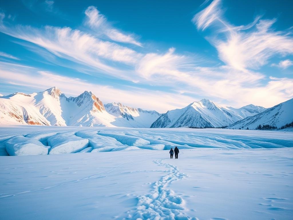 A breathtaking winter landscape in Yellowstone National Park, with a massive, icy glacier dominating the foreground. Towering snow-capped peaks rise in the distance, their jagged silhouettes casting long shadows across the frozen terrain. The sky is a brilliant azure, with wispy clouds drifting lazily overhead, illuminating the scene with a soft, natural light. In the middle ground, a well-marked hiking trail winds through the pristine landscape, inviting adventurous families to explore this awe-inspiring natural wonder. The overall atmosphere is one of tranquility and wonder, perfectly capturing the essence of a family-friendly hike in a national park. A breathtaking winter landscape in Yellowstone National Park, with a massive, icy glacier dominating the foreground. Towering snow-capped peaks rise in the distance, their jagged silhouettes casting long shadows across the frozen terrain. The sky is a brilliant azure, with wispy clouds drifting lazily overhead, illuminating the scene with a soft, natural light. In the middle ground, a well-marked hiking trail winds through the pristine landscape, inviting adventurous families to explore this awe-inspiring natural wonder. The overall atmosphere is one of tranquility and wonder, perfectly capturing the essence of a family-friendly hike in a national park.