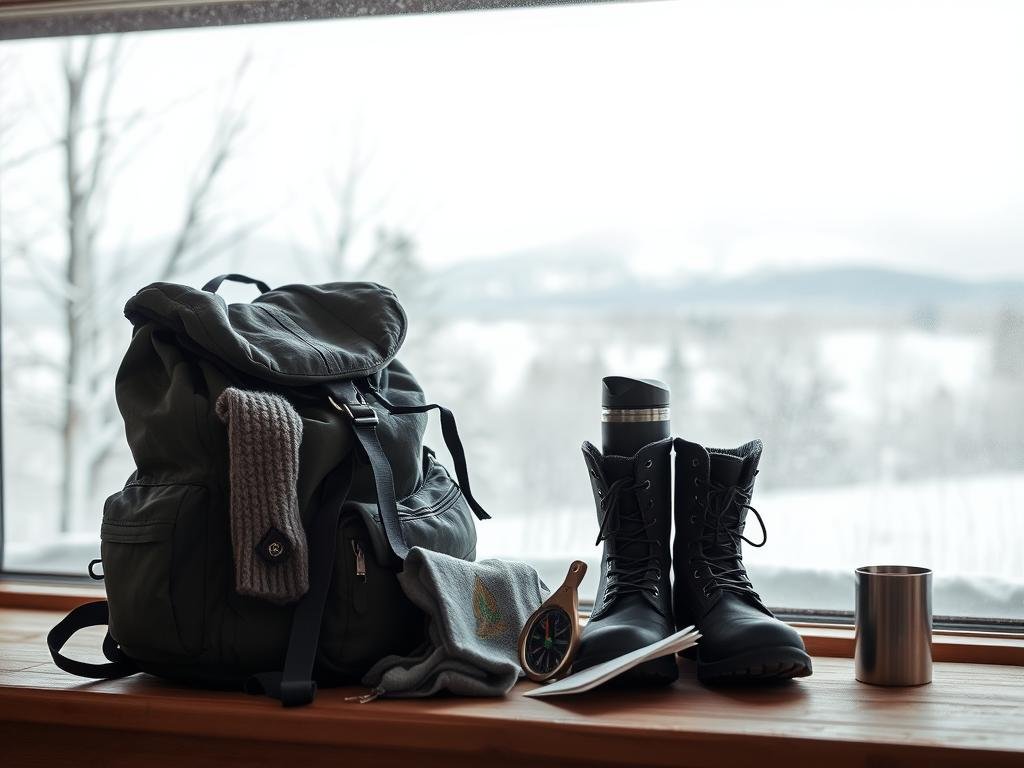 A cozy winter hike preparation scene. In the foreground, a backpack and warm layers of clothing - a thick wool sweater, insulated jacket, and sturdy boots - are neatly arranged on a wooden bench. The middle ground showcases a compass, map, and a thermos of hot tea, ready for the trail. In the background, a frosted window reveals a snowy landscape, with bare trees and a distant mountain range bathed in soft, diffused natural light. The atmosphere evokes a sense of preparedness, adventure, and the tranquility of the winter outdoors. A cozy winter hike preparation scene. In the foreground, a backpack and warm layers of clothing - a thick wool sweater, insulated jacket, and sturdy boots - are neatly arranged on a wooden bench. The middle ground showcases a compass, map, and a thermos of hot tea, ready for the trail. In the background, a frosted window reveals a snowy landscape, with bare trees and a distant mountain range bathed in soft, diffused natural light. The atmosphere evokes a sense of preparedness, adventure, and the tranquility of the winter outdoors.