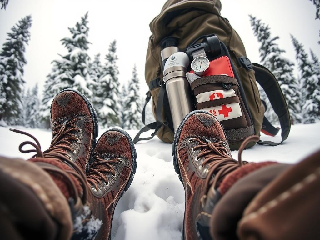 A cozy winter hiking scene, captured with a wide-angle lens. In the foreground, a pair of sturdy hiking boots, thick wool socks, and a warm, insulated jacket. In the middle ground, a backpack filled with essential gear - a thermos of hot tea, a compass, a first-aid kit, and a headlamp. The background reveals a snowy, pine-covered landscape, with soft, diffused lighting from an overcast sky. The overall atmosphere conveys a sense of adventure, preparedness, and the simple pleasure of exploring the great outdoors in the winter. A cozy winter hiking scene, captured with a wide-angle lens. In the foreground, a pair of sturdy hiking boots, thick wool socks, and a warm, insulated jacket. In the middle ground, a backpack filled with essential gear - a thermos of hot tea, a compass, a first-aid kit, and a headlamp. The background reveals a snowy, pine-covered landscape, with soft, diffused lighting from an overcast sky. The overall atmosphere conveys a sense of adventure, preparedness, and the simple pleasure of exploring the great outdoors in the winter.
