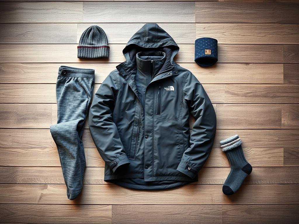 A cozy winter layering system, meticulously arranged on a wooden surface. The base layer features warm thermal underwear, followed by a breathable mid-layer of insulating fleece. The outer shell, a rugged yet stylish Gore-Tex jacket, stands ready to shield against wind and snow. Accessories like a knit beanie, insulated gloves, and thick wool socks complete the ensemble. Soft, diffused lighting illuminates the scene, casting a serene, contemplative atmosphere. The overall composition showcases the layering system's versatility and functionality, perfectly suited for the demands of winter hiking. A cozy winter layering system, meticulously arranged on a wooden surface. The base layer features warm thermal underwear, followed by a breathable mid-layer of insulating fleece. The outer shell, a rugged yet stylish Gore-Tex jacket, stands ready to shield against wind and snow. Accessories like a knit beanie, insulated gloves, and thick wool socks complete the ensemble. Soft, diffused lighting illuminates the scene, casting a serene, contemplative atmosphere. The overall composition showcases the layering system's versatility and functionality, perfectly suited for the demands of winter hiking.