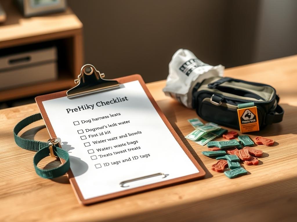 A crisp, well-lit image of a wooden table or desk with a pre-hike safety checklist for dogs. In the foreground, set against a slightly blurred background, is a clipboard with a checklist of essential items: dog harness, leash, first-aid kit, water and bowls, waste bags, treats, and ID tags. Alongside the clipboard, display some of these items arranged in an organized manner. The lighting is natural, with soft shadows, conveying a sense of preparedness and attention to detail. The overall mood is focused and practical, emphasizing the importance of responsible dog hiking. A crisp, well-lit image of a wooden table or desk with a pre-hike safety checklist for dogs. In the foreground, set against a slightly blurred background, is a clipboard with a checklist of essential items: dog harness, leash, first-aid kit, water and bowls, waste bags, treats, and ID tags. Alongside the clipboard, display some of these items arranged in an organized manner. The lighting is natural, with soft shadows, conveying a sense of preparedness and attention to detail. The overall mood is focused and practical, emphasizing the importance of responsible dog hiking.