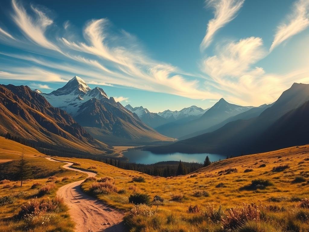 A dramatic, sweeping landscape of Glacier National Park's iconic mountain trails, bathed in warm, golden late-afternoon light. In the foreground, a winding dirt path meanders through lush alpine meadows dotted with wildflowers. Towering, snow-capped peaks rise majestically in the middle distance, their jagged silhouettes reflected in a still, mirror-like lake. Wispy clouds drift lazily across a deep azure sky, adding depth and dimensionality. The overall scene evokes a sense of tranquility, grandeur and the boundless wonder of nature. A dramatic, sweeping landscape of Glacier National Park's iconic mountain trails, bathed in warm, golden late-afternoon light. In the foreground, a winding dirt path meanders through lush alpine meadows dotted with wildflowers. Towering, snow-capped peaks rise majestically in the middle distance, their jagged silhouettes reflected in a still, mirror-like lake. Wispy clouds drift lazily across a deep azure sky, adding depth and dimensionality. The overall scene evokes a sense of tranquility, grandeur and the boundless wonder of nature.