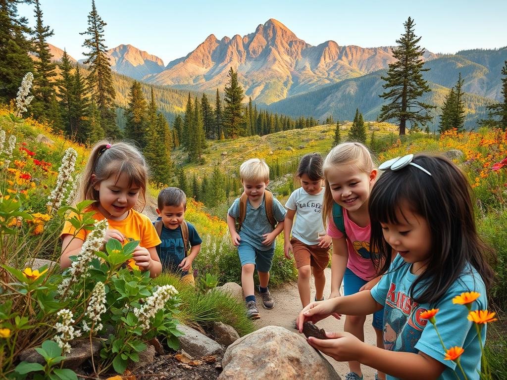 A group of happy, curious children exploring the wonders of nature in a lush national park landscape. In the foreground, kids examine plants and rocks, their faces filled with wonder. In the middle ground, they hike along a winding trail, surrounded by towering trees and vibrant wildflowers. In the background, majestic mountains rise up, bathed in warm, golden sunlight. The scene exudes a sense of adventure, discovery, and deep connection to the natural world, inviting families to embark on their own unforgettable journey through these protected spaces. A group of happy, curious children exploring the wonders of nature in a lush national park landscape. In the foreground, kids examine plants and rocks, their faces filled with wonder. In the middle ground, they hike along a winding trail, surrounded by towering trees and vibrant wildflowers. In the background, majestic mountains rise up, bathed in warm, golden sunlight. The scene exudes a sense of adventure, discovery, and deep connection to the natural world, inviting families to embark on their own unforgettable journey through these protected spaces.