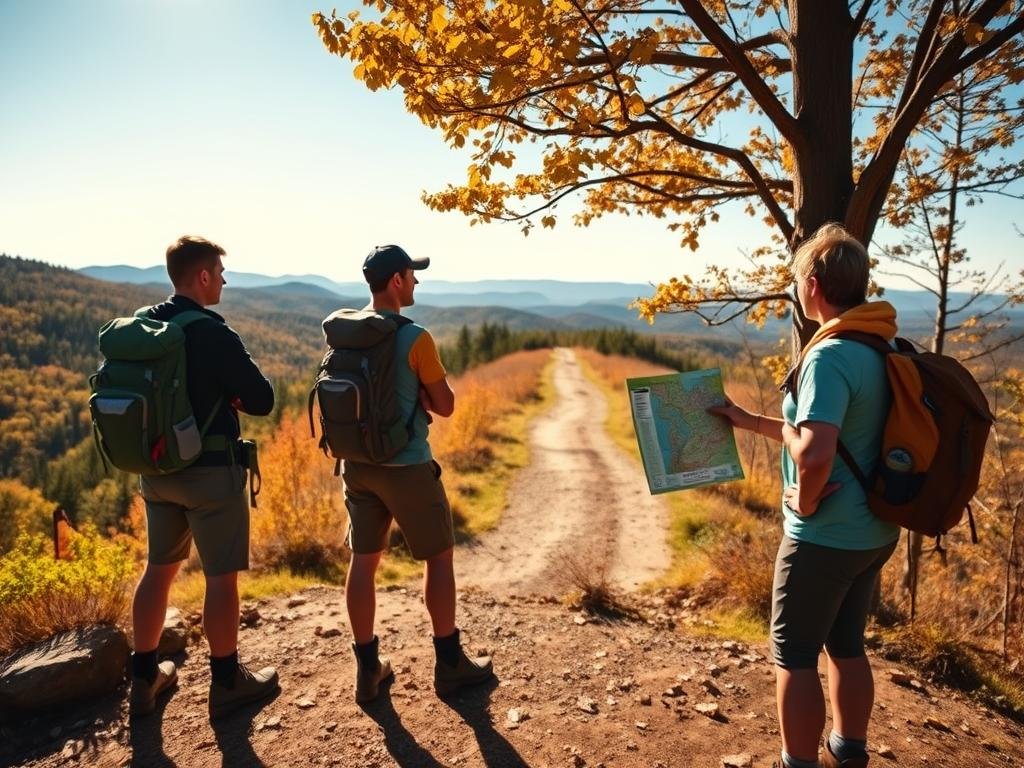 A group of hikers standing at a trailhead, pondering their next steps. In the foreground, three people in hiking gear - backpacks, boots, and outdoor attire - examining a map, their faces thoughtful as they consider the NOBO, SOBO, or flip-flop options before them. The middle ground shows a forested path leading off in two directions, with sun-dappled leaves and a sense of adventure. In the background, rolling hills and a clear sky, hinting at the vast wilderness that lies ahead. The scene is lit by warm, golden sunlight, capturing the exploratory spirit of the moment as the hikers contemplate their Appalachian Trail journey. A group of hikers standing at a trailhead, pondering their next steps. In the foreground, three people in hiking gear - backpacks, boots, and outdoor attire - examining a map, their faces thoughtful as they consider the NOBO, SOBO, or flip-flop options before them. The middle ground shows a forested path leading off in two directions, with sun-dappled leaves and a sense of adventure. In the background, rolling hills and a clear sky, hinting at the vast wilderness that lies ahead. The scene is lit by warm, golden sunlight, capturing the exploratory spirit of the moment as the hikers contemplate their Appalachian Trail journey.