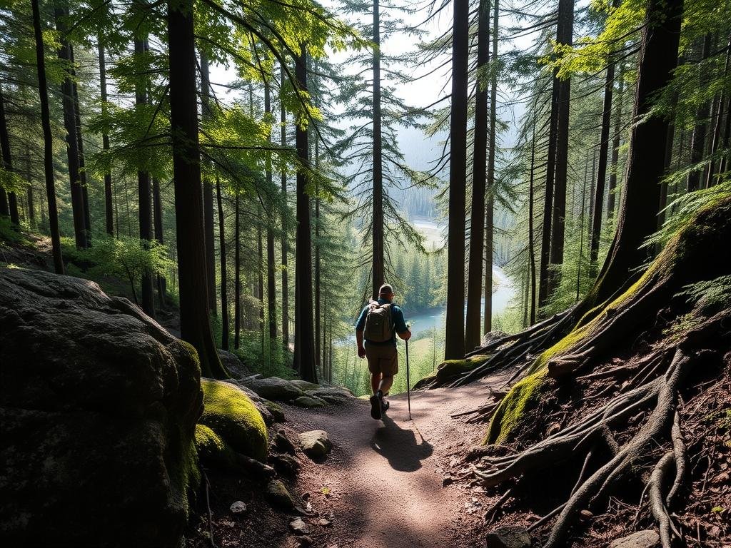 A lone hiker navigates a winding forest trail, dappled sunlight filtering through the lush, verdant canopy overhead. In the foreground, a well-worn path meanders between mossy boulders and gnarled tree roots, the hiker's hiking boots crunching on the packed earth. The middle ground reveals towering pines, their slender trunks reaching skyward, creating a sense of tranquil isolation. In the distance, a glimpse of a meandering stream glimmers through the trees, hinting at the peaceful solitude of the landscape. The overall scene conveys a sense of self-reliance, exploration, and the calming solitude of solo wilderness adventure. A lone hiker navigates a winding forest trail, dappled sunlight filtering through the lush, verdant canopy overhead. In the foreground, a well-worn path meanders between mossy boulders and gnarled tree roots, the hiker's hiking boots crunching on the packed earth. The middle ground reveals towering pines, their slender trunks reaching skyward, creating a sense of tranquil isolation. In the distance, a glimpse of a meandering stream glimmers through the trees, hinting at the peaceful solitude of the landscape. The overall scene conveys a sense of self-reliance, exploration, and the calming solitude of solo wilderness adventure.