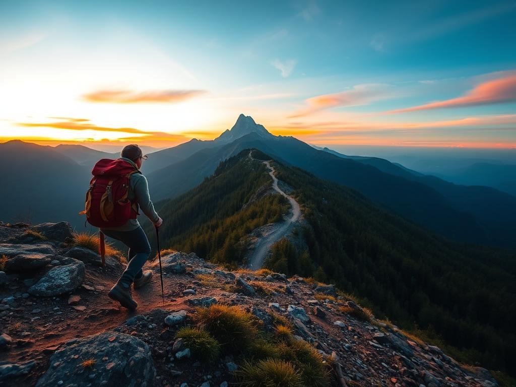 A lone hiker traverses a rugged mountain trail, the golden hour light casting a warm glow over the scene. In the foreground, a well-worn backpack and hiking boots hint at the adventurer's journey. The middle ground features a winding path cutting through lush, verdant forest, while the distant peaks stand majestically against a sky painted in hues of orange and pink. A sense of solitude and tranquility pervades the atmosphere, inviting the viewer to experience the thrill of an untamed, solo hiking expedition. A lone hiker traverses a rugged mountain trail, the golden hour light casting a warm glow over the scene. In the foreground, a well-worn backpack and hiking boots hint at the adventurer's journey. The middle ground features a winding path cutting through lush, verdant forest, while the distant peaks stand majestically against a sky painted in hues of orange and pink. A sense of solitude and tranquility pervades the atmosphere, inviting the viewer to experience the thrill of an untamed, solo hiking expedition.