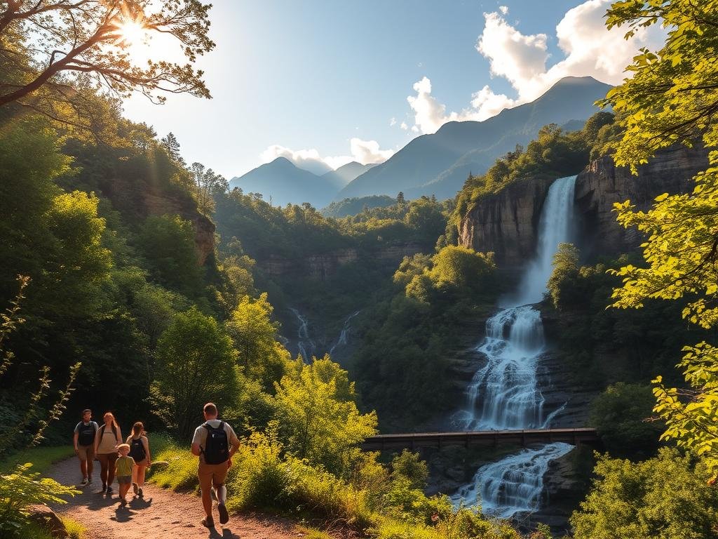 A lush, verdant landscape with towering waterfalls cascading down rocky cliffs in the Shenandoah and Great Smoky Mountains. Sunlight filters through the dense forest canopy, casting a warm, golden glow over the scene. In the foreground, a family of hikers explores a well-worn trail, marveling at the power and beauty of the rushing water. The middle ground features a series of picturesque waterfalls, their white, frothy streams contrasting with the deep green of the surrounding foliage. In the background, majestic mountain peaks rise up, partially obscured by wispy clouds. The image captures the sense of adventure and tranquility that define these iconic national parks, inviting the viewer to embark on their own unforgettable waterfall hike. A lush, verdant landscape with towering waterfalls cascading down rocky cliffs in the Shenandoah and Great Smoky Mountains. Sunlight filters through the dense forest canopy, casting a warm, golden glow over the scene. In the foreground, a family of hikers explores a well-worn trail, marveling at the power and beauty of the rushing water. The middle ground features a series of picturesque waterfalls, their white, frothy streams contrasting with the deep green of the surrounding foliage. In the background, majestic mountain peaks rise up, partially obscured by wispy clouds. The image captures the sense of adventure and tranquility that define these iconic national parks, inviting the viewer to embark on their own unforgettable waterfall hike.