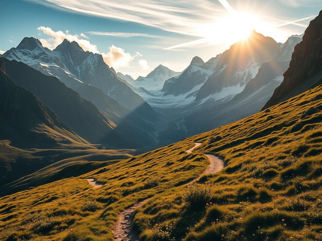 A majestic alpine landscape at the golden hour, bathed in warm, soft light. In the foreground, a winding trail leads through lush meadows dotted with wildflowers. Towering snow-capped peaks rise in the distance, their jagged silhouettes casting long shadows across the scene. Wispy clouds drift lazily overhead, hinting at the shifting weather conditions. The air is crisp and invigorating, perfect for an exhilarating trek through the Haute Route. A sense of tranquility and adventure permeates the atmosphere, inviting the viewer to embark on an unforgettable journey. A majestic alpine landscape at the golden hour, bathed in warm, soft light. In the foreground, a winding trail leads through lush meadows dotted with wildflowers. Towering snow-capped peaks rise in the distance, their jagged silhouettes casting long shadows across the scene. Wispy clouds drift lazily overhead, hinting at the shifting weather conditions. The air is crisp and invigorating, perfect for an exhilarating trek through the Haute Route. A sense of tranquility and adventure permeates the atmosphere, inviting the viewer to embark on an unforgettable journey.