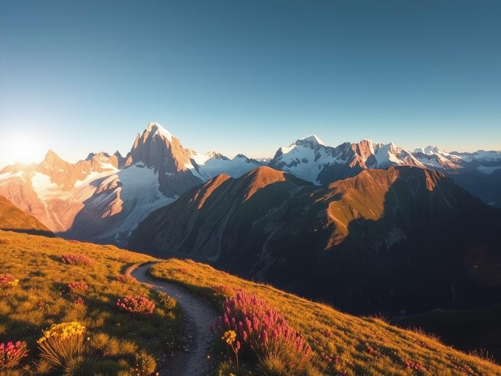 A majestic alpine landscape unfolds, with the iconic Walker's Haute Route trail winding through rugged peaks and serene valleys. In the foreground, a narrow path snakes through a meadow dotted with vibrant wildflowers, inviting the hiker to embark on an adventure. The middle ground features towering, snow-capped mountains that cast long shadows across the scene, creating a sense of scale and grandeur. In the background, glaciers glisten under the warm, golden light of the sun, casting a serene and ethereal atmosphere over the entire vista. The scene is captured with a wide-angle lens, allowing the viewer to fully immerse themselves in the breathtaking panorama of the Alps. A majestic alpine landscape unfolds, with the iconic Walker's Haute Route trail winding through rugged peaks and serene valleys. In the foreground, a narrow path snakes through a meadow dotted with vibrant wildflowers, inviting the hiker to embark on an adventure. The middle ground features towering, snow-capped mountains that cast long shadows across the scene, creating a sense of scale and grandeur. In the background, glaciers glisten under the warm, golden light of the sun, casting a serene and ethereal atmosphere over the entire vista. The scene is captured with a wide-angle lens, allowing the viewer to fully immerse themselves in the breathtaking panorama of the Alps.