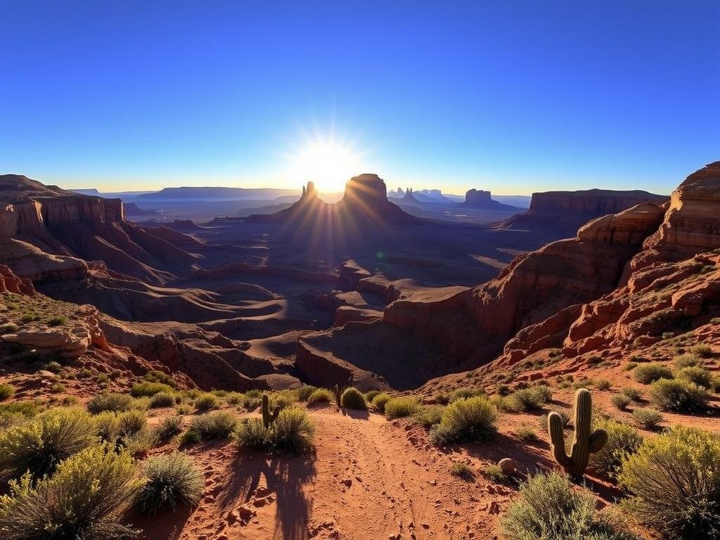 A majestic desert landscape in Arizona, captured at dawn. In the foreground, a well-marked hiking trail winds through the craggy terrain, lined with sagebrush and cacti. The middle ground reveals a network of interconnected trails, guiding adventurers through the rugged canyons. In the distance, the sun's first rays illuminate the towering sandstone formations, casting long shadows across the ochre-hued earth. A clear, cobalt sky provides the perfect backdrop, creating a serene and awe-inspiring atmosphere. The scene invites the viewer to explore the region's natural wonders, equipped with reliable maps and navigation resources. A majestic desert landscape in Arizona, captured at dawn. In the foreground, a well-marked hiking trail winds through the craggy terrain, lined with sagebrush and cacti. The middle ground reveals a network of interconnected trails, guiding adventurers through the rugged canyons. In the distance, the sun's first rays illuminate the towering sandstone formations, casting long shadows across the ochre-hued earth. A clear, cobalt sky provides the perfect backdrop, creating a serene and awe-inspiring atmosphere. The scene invites the viewer to explore the region's natural wonders, equipped with reliable maps and navigation resources.