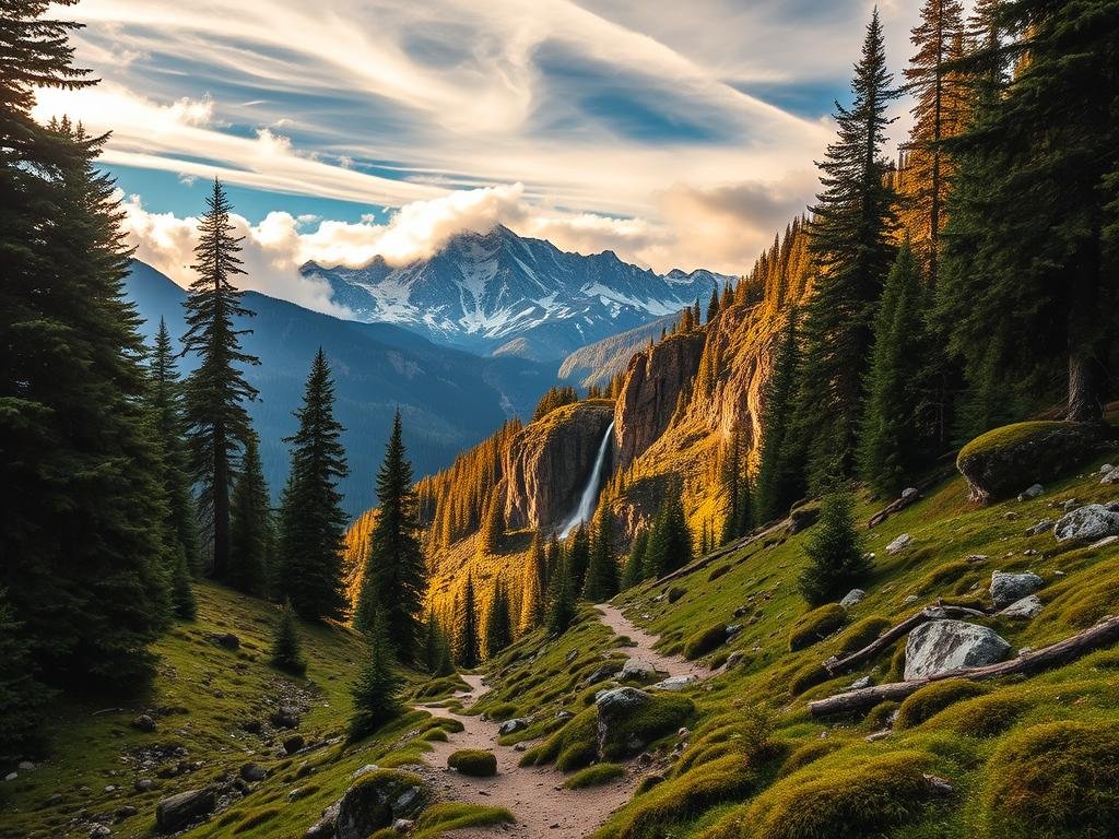 A majestic landscape of rugged peaks and lush evergreen forests in Northern Idaho. In the foreground, a winding, well-marked hiking trail leading through a lush, mossy forest with towering pines. The middle ground reveals a challenging ascent up a rocky, switchbacking path, with dramatic cliff faces and cascading waterfalls in the distance. The background showcases the grand, snow-capped summits of the Bitterroot Range, bathed in warm, golden light filtering through wispy clouds. The scene conveys a sense of adventure, resilience, and the awe-inspiring beauty of the region's advanced hiking trails. A majestic landscape of rugged peaks and lush evergreen forests in Northern Idaho. In the foreground, a winding, well-marked hiking trail leading through a lush, mossy forest with towering pines. The middle ground reveals a challenging ascent up a rocky, switchbacking path, with dramatic cliff faces and cascading waterfalls in the distance. The background showcases the grand, snow-capped summits of the Bitterroot Range, bathed in warm, golden light filtering through wispy clouds. The scene conveys a sense of adventure, resilience, and the awe-inspiring beauty of the region's advanced hiking trails.