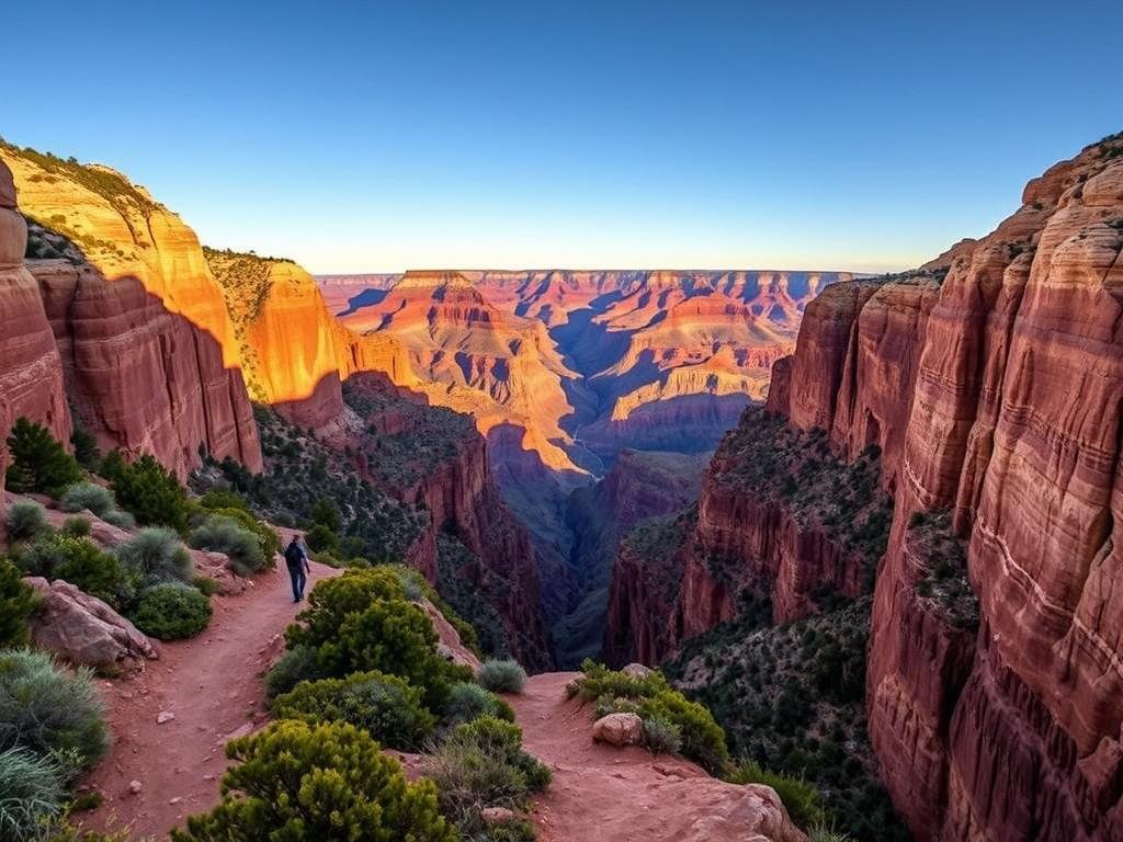 A majestic vista of the Grand Canyon's winding hiking trails, carved through the vast, rugged landscape. Warm, golden sunlight bathes the scene, casting long shadows across the vibrant ochre and rust-colored rock formations. In the foreground, a well-trodden trail winds its way between towering cliffs and lush vegetation, inviting the viewer to explore the canyon's timeless beauty. The middle ground features a panoramic view of the canyon's sweeping vistas, with hikers dotting the trails far below. In the distance, the canyon's iconic rim stretches out, etched against a clear, azure sky. The overall atmosphere is one of awe-inspiring grandeur and the thrill of adventure, capturing the essence of the Grand Canyon's premier hiking experience. A majestic vista of the Grand Canyon's winding hiking trails, carved through the vast, rugged landscape. Warm, golden sunlight bathes the scene, casting long shadows across the vibrant ochre and rust-colored rock formations. In the foreground, a well-trodden trail winds its way between towering cliffs and lush vegetation, inviting the viewer to explore the canyon's timeless beauty. The middle ground features a panoramic view of the canyon's sweeping vistas, with hikers dotting the trails far below. In the distance, the canyon's iconic rim stretches out, etched against a clear, azure sky. The overall atmosphere is one of awe-inspiring grandeur and the thrill of adventure, capturing the essence of the Grand Canyon's premier hiking experience.