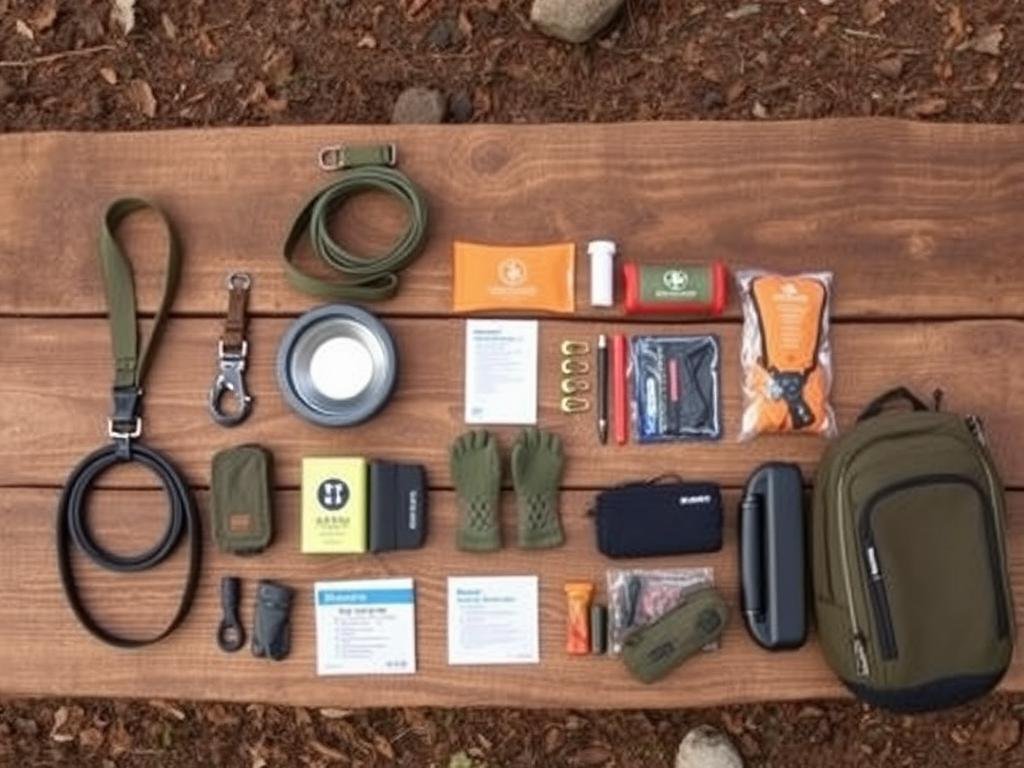 A neatly organized checklist of essential dog hiking gear, laid out on a rustic wooden surface with a natural, earthy backdrop. The items are clearly visible, including a sturdy leash, a collapsible water bowl, a first-aid kit, a reflective harness, a small pack, and various other practical accessories. The lighting is soft and natural, creating a warm, inviting atmosphere. The composition is balanced, allowing the viewer to easily identify each item and visualize how they would be used on a hiking trail. The overall mood is one of preparedness and adventure, inspiring the reader to embark on a safe and enjoyable hike with their canine companion. A neatly organized checklist of essential dog hiking gear, laid out on a rustic wooden surface with a natural, earthy backdrop. The items are clearly visible, including a sturdy leash, a collapsible water bowl, a first-aid kit, a reflective harness, a small pack, and various other practical accessories. The lighting is soft and natural, creating a warm, inviting atmosphere. The composition is balanced, allowing the viewer to easily identify each item and visualize how they would be used on a hiking trail. The overall mood is one of preparedness and adventure, inspiring the reader to embark on a safe and enjoyable hike with their canine companion.