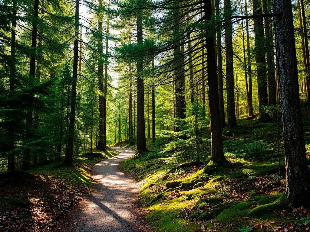 A peaceful, winding solo hiking trail winds through a lush, verdant forest. Tall evergreen trees line the path, their branches casting dappled shadows across the trail. The ground is carpeted with fallen leaves and moss, adding a natural, earthy texture. Sunlight filters through the canopy, creating a warm, golden glow that illuminates the scene. The trail meanders gently, inviting the hiker to explore the serene wilderness at their own pace. A sense of solitude and tranquility pervades the atmosphere, creating an ideal setting for a rejuvenating solo adventure. A peaceful, winding solo hiking trail winds through a lush, verdant forest. Tall evergreen trees line the path, their branches casting dappled shadows across the trail. The ground is carpeted with fallen leaves and moss, adding a natural, earthy texture. Sunlight filters through the canopy, creating a warm, golden glow that illuminates the scene. The trail meanders gently, inviting the hiker to explore the serene wilderness at their own pace. A sense of solitude and tranquility pervades the atmosphere, creating an ideal setting for a rejuvenating solo adventure.