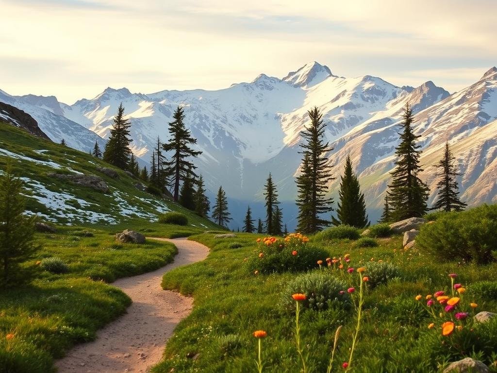 A picturesque alpine trail winds through a snow-dusted landscape in early summer. The foreground features a well-worn dirt path lined with lush, verdant vegetation and vibrant wildflowers. The middle ground showcases a sparse scattering of tall, majestic pine trees, their branches reaching skyward. In the background, a towering mountain range stands sentinel, its peaks capped with a delicate layer of pristine white snow that glistens in the warm, golden sunlight. The scene exudes a sense of tranquility and adventure, inviting the viewer to embark on an invigorating hike through this serene, awe-inspiring alpine wonderland. A picturesque alpine trail winds through a snow-dusted landscape in early summer. The foreground features a well-worn dirt path lined with lush, verdant vegetation and vibrant wildflowers. The middle ground showcases a sparse scattering of tall, majestic pine trees, their branches reaching skyward. In the background, a towering mountain range stands sentinel, its peaks capped with a delicate layer of pristine white snow that glistens in the warm, golden sunlight. The scene exudes a sense of tranquility and adventure, inviting the viewer to embark on an invigorating hike through this serene, awe-inspiring alpine wonderland.