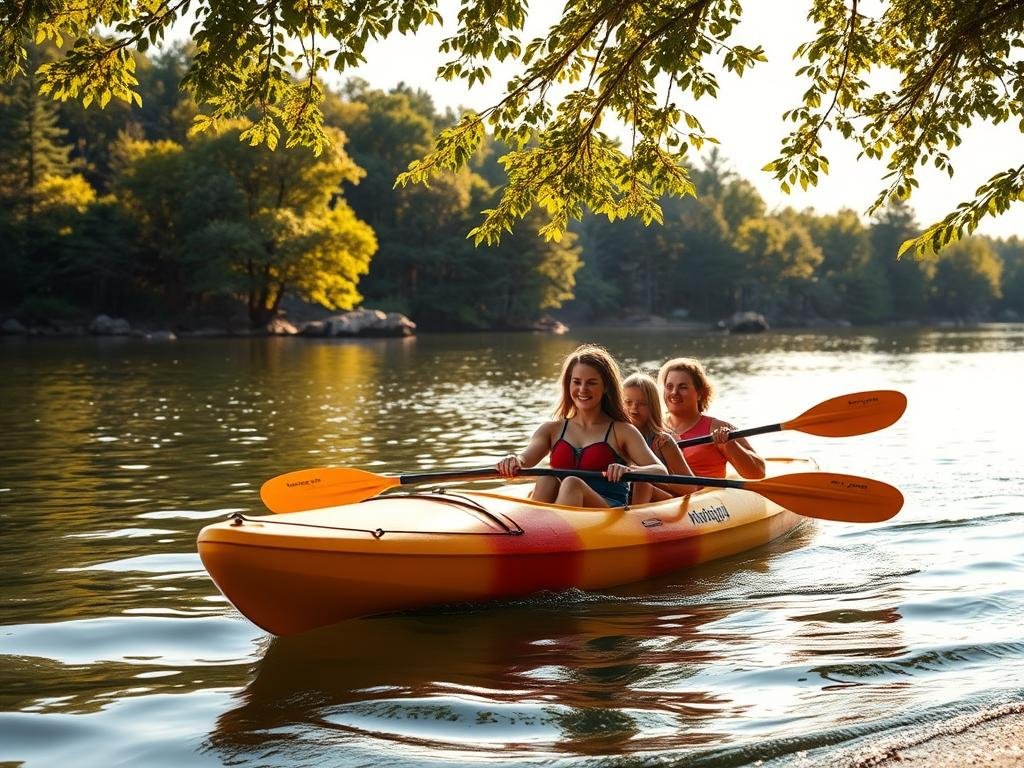 A picturesque lakeside setting with verdant forests and gentle waves lapping at the shoreline. In the foreground, a family of four paddling harmoniously in a vibrant kayak, their faces alight with joy and wonder. Warm, golden sunlight filters through the trees, casting a soft, inviting glow over the scene. The background features serene, mirror-like waters dotted with rocky outcroppings and lush, overhanging foliage. A tranquil, family-friendly atmosphere pervades the image, capturing the essence of an idyllic Michigan kayaking adventure. A picturesque lakeside setting with verdant forests and gentle waves lapping at the shoreline. In the foreground, a family of four paddling harmoniously in a vibrant kayak, their faces alight with joy and wonder. Warm, golden sunlight filters through the trees, casting a soft, inviting glow over the scene. The background features serene, mirror-like waters dotted with rocky outcroppings and lush, overhanging foliage. A tranquil, family-friendly atmosphere pervades the image, capturing the essence of an idyllic Michigan kayaking adventure.