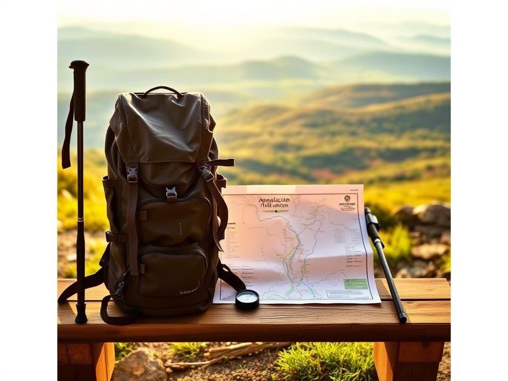 A rugged backpack, compass, and hiking poles stand ready on a wooden bench, bathed in warm, golden light. In the middle ground, a map of the Appalachian Trail is spread out, highlighting the winding path ahead. The background features a panoramic view of verdant hills and a distant mountain range, hinting at the epic journey to come. The overall mood is one of anticipation and preparedness, setting the stage for a challenging yet rewarding thru-hike. A rugged backpack, compass, and hiking poles stand ready on a wooden bench, bathed in warm, golden light. In the middle ground, a map of the Appalachian Trail is spread out, highlighting the winding path ahead. The background features a panoramic view of verdant hills and a distant mountain range, hinting at the epic journey to come. The overall mood is one of anticipation and preparedness, setting the stage for a challenging yet rewarding thru-hike.