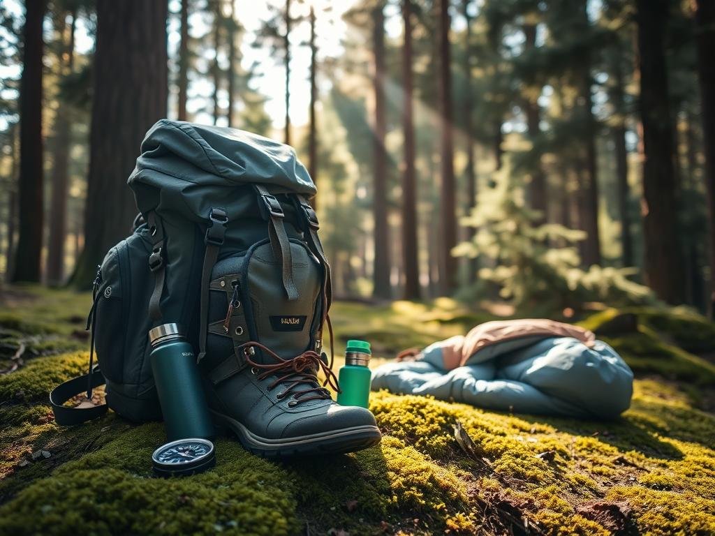 A rugged backpack, hiking boots, a compass, a water bottle, and a lightweight sleeping bag are neatly arranged on a moss-covered forest floor. Sunlight filters through the canopy of towering pine trees, casting a warm, natural glow over the essential gear. The scene evokes a sense of adventure and preparedness, perfectly capturing the spirit of a solo hiker embarking on a journey through the wilderness. A rugged backpack, hiking boots, a compass, a water bottle, and a lightweight sleeping bag are neatly arranged on a moss-covered forest floor. Sunlight filters through the canopy of towering pine trees, casting a warm, natural glow over the essential gear. The scene evokes a sense of adventure and preparedness, perfectly capturing the spirit of a solo hiker embarking on a journey through the wilderness.