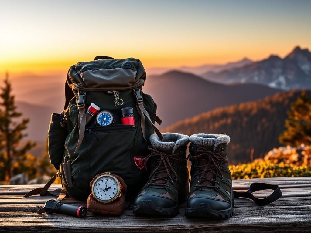 A rugged backpack stands tall in the foreground, filled with essential hiking gear - a compass, water bottle, flashlight, and first aid kit. In the middle ground, hiking boots, thick socks, and gaiters rest on a wooden bench, ready for the trail. The background reveals a serene mountain landscape, with towering peaks silhouetted against a warm, golden sunset. The scene conveys a sense of preparedness and adventure, inviting the viewer to embark on a thrilling thru-hike through the Appalachian wilderness. A rugged backpack stands tall in the foreground, filled with essential hiking gear - a compass, water bottle, flashlight, and first aid kit. In the middle ground, hiking boots, thick socks, and gaiters rest on a wooden bench, ready for the trail. The background reveals a serene mountain landscape, with towering peaks silhouetted against a warm, golden sunset. The scene conveys a sense of preparedness and adventure, inviting the viewer to embark on a thrilling thru-hike through the Appalachian wilderness.