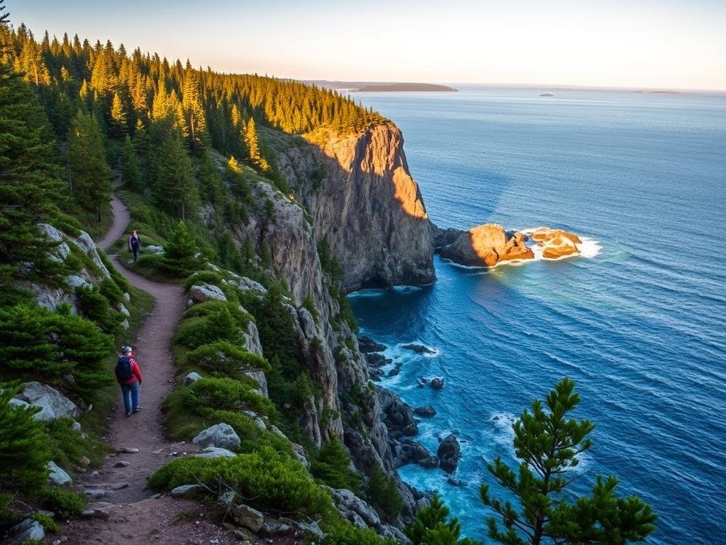 A rugged coastal trail winds through the lush evergreen forests of Acadia National Park. Dramatic granite cliffs plunge into the deep blue waters of the Atlantic Ocean, creating a breathtaking vista. The warm golden light of the setting sun casts a soft glow over the scene, illuminating the vibrant greens of the moss-covered rocks and the gentle crashing of the waves below. Hikers traverse the well-maintained path, taking in the stunning panoramic views of the rocky shoreline and distant islands. The crisp, salty air and the sound of seabirds soaring overhead add to the serene, meditative atmosphere of this picturesque coastal hike. A rugged coastal trail winds through the lush evergreen forests of Acadia National Park. Dramatic granite cliffs plunge into the deep blue waters of the Atlantic Ocean, creating a breathtaking vista. The warm golden light of the setting sun casts a soft glow over the scene, illuminating the vibrant greens of the moss-covered rocks and the gentle crashing of the waves below. Hikers traverse the well-maintained path, taking in the stunning panoramic views of the rocky shoreline and distant islands. The crisp, salty air and the sound of seabirds soaring overhead add to the serene, meditative atmosphere of this picturesque coastal hike.
