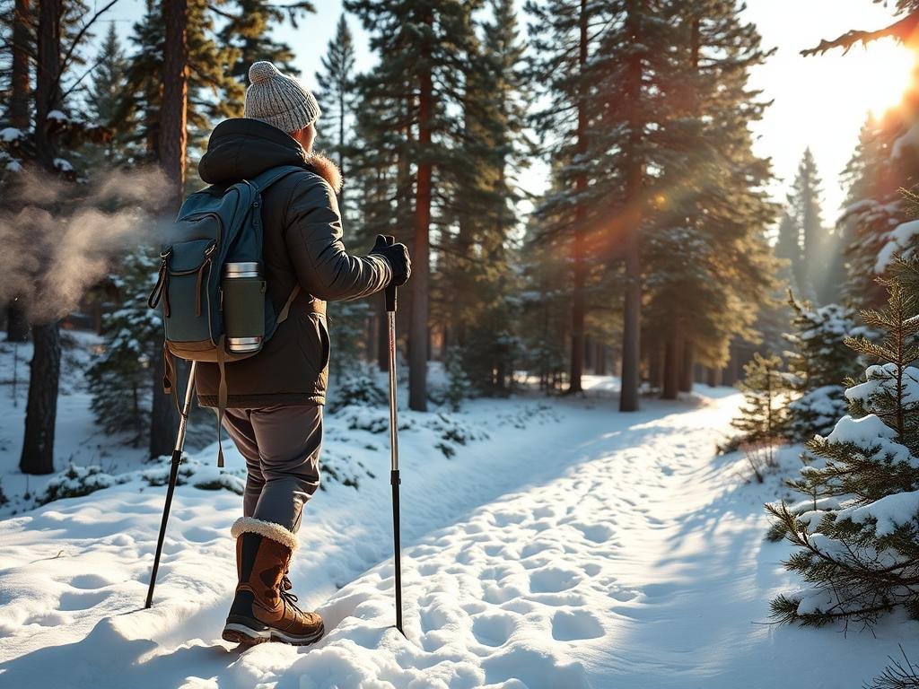 A rugged outdoor scene, a snowy forest path winding through towering pines. In the foreground, a hiker clad in a thick, insulated parka, lined boots, and a knitted hat, their breath visible in the crisp, frosty air. Gloved hands hold trekking poles as they navigate the trail, their backpack equipped with essential winter hiking gear - a thermos, first-aid kit, and extra layers. Sunlight filters through the trees, casting a warm, golden glow over the scene, creating a sense of adventure and the tranquility of the great outdoors. A rugged outdoor scene, a snowy forest path winding through towering pines. In the foreground, a hiker clad in a thick, insulated parka, lined boots, and a knitted hat, their breath visible in the crisp, frosty air. Gloved hands hold trekking poles as they navigate the trail, their backpack equipped with essential winter hiking gear - a thermos, first-aid kit, and extra layers. Sunlight filters through the trees, casting a warm, golden glow over the scene, creating a sense of adventure and the tranquility of the great outdoors.