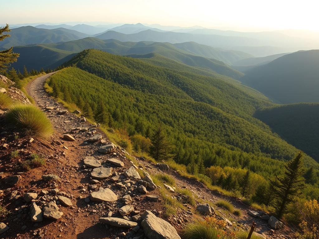 A rugged, winding trail cutting through the lush, rolling hills of the Appalachian Mountains. The foreground features a well-worn path leading hikers up a gradual incline, dotted with rocks and tree roots. The middle ground showcases the undulating terrain, with peaks and valleys blanketed in a verdant tapestry of hardwood forests. In the distance, a series of ridgelines stretch out, their silhouettes bathed in the warm, golden glow of the afternoon sun. The scene conveys the challenge and grandeur of tackling the Appalachian Trail, with a sense of adventure and natural splendor. A rugged, winding trail cutting through the lush, rolling hills of the Appalachian Mountains. The foreground features a well-worn path leading hikers up a gradual incline, dotted with rocks and tree roots. The middle ground showcases the undulating terrain, with peaks and valleys blanketed in a verdant tapestry of hardwood forests. In the distance, a series of ridgelines stretch out, their silhouettes bathed in the warm, golden glow of the afternoon sun. The scene conveys the challenge and grandeur of tackling the Appalachian Trail, with a sense of adventure and natural splendor.