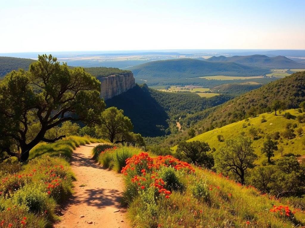 A scenic trail winds through the lush, rolling hills of the Texas Hill Country, bathed in warm, golden sunlight. In the foreground, a well-trodden path leads hikers past towering oak trees and vibrant wildflowers, while in the middle ground, rugged limestone cliffs rise up, casting dramatic shadows. In the distance, a patchwork of green meadows and dense, forested slopes stretch out, culminating in a hazy horizon line. The image conveys a sense of tranquility and adventure, inviting the viewer to explore the natural beauty of this iconic Texas landscape.
