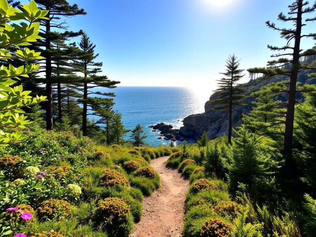 A scenic trail winds through the lush, verdant forests of Acadia National Park, leading hikers towards the rugged coastline. The foreground features a well-marked path, dotted with clusters of vibrant wildflowers and sun-dappled ferns. In the middle ground, towering pine and spruce trees sway gently in the cool ocean breeze, their branches casting soft, dappled shadows across the trail. The background showcases the dramatic rocky cliffs and crystal-clear waters of the Atlantic Ocean, with the sun's golden rays dancing across the waves. The overall atmosphere is one of serene tranquility, inviting families to explore the natural wonders of this coastal gem. A scenic trail winds through the lush, verdant forests of Acadia National Park, leading hikers towards the rugged coastline. The foreground features a well-marked path, dotted with clusters of vibrant wildflowers and sun-dappled ferns. In the middle ground, towering pine and spruce trees sway gently in the cool ocean breeze, their branches casting soft, dappled shadows across the trail. The background showcases the dramatic rocky cliffs and crystal-clear waters of the Atlantic Ocean, with the sun's golden rays dancing across the waves. The overall atmosphere is one of serene tranquility, inviting families to explore the natural wonders of this coastal gem.