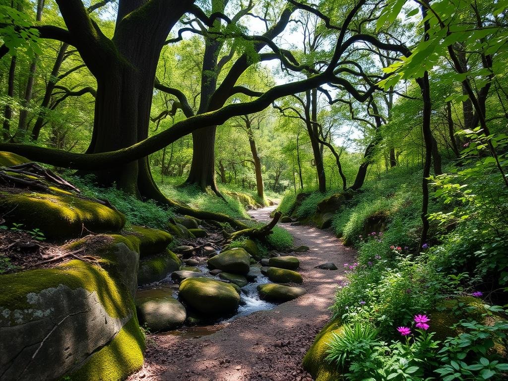 A serene forest trail winds through lush greenery, dappled sunlight filtering through the canopy. Mossy boulders and a bubbling creek frame the path, inviting hikers to explore this hidden gem. Towering oak trees and vibrant wildflowers line the way, creating an enchanting atmosphere. The scene is captured with a wide-angle lens, emphasizing the tranquil, secluded nature of this lesser-known trail in the heart of the Texas Hill Country. The overall mood is one of adventure, discovery, and connection with the natural world.