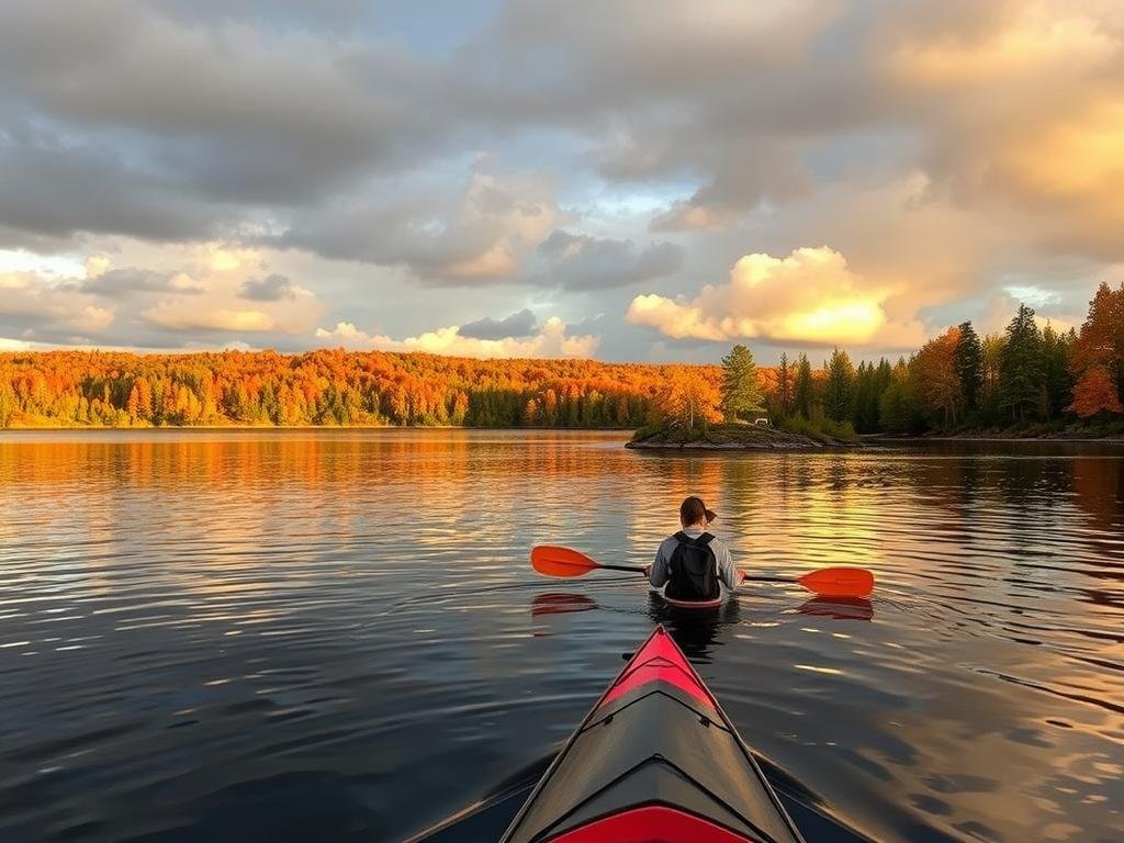 A serene lake at golden hour, its glassy surface reflecting the vibrant autumn hues of the surrounding Michigan forest. In the foreground, a kayaker glides effortlessly, paddle dipping gracefully into the calm waters. The mid-ground features a picturesque cove, its rocky shoreline dotted with lush greenery. The background showcases dramatic clouds, their warm, filtered light casting a soft, diffused glow over the entire scene. The composition emphasizes the tranquility and natural beauty of this idyllic kayaking spot, inviting the viewer to imagine the best times to experience Michigan's waterways. A serene lake at golden hour, its glassy surface reflecting the vibrant autumn hues of the surrounding Michigan forest. In the foreground, a kayaker glides effortlessly, paddle dipping gracefully into the calm waters. The mid-ground features a picturesque cove, its rocky shoreline dotted with lush greenery. The background showcases dramatic clouds, their warm, filtered light casting a soft, diffused glow over the entire scene. The composition emphasizes the tranquility and natural beauty of this idyllic kayaking spot, inviting the viewer to imagine the best times to experience Michigan's waterways.