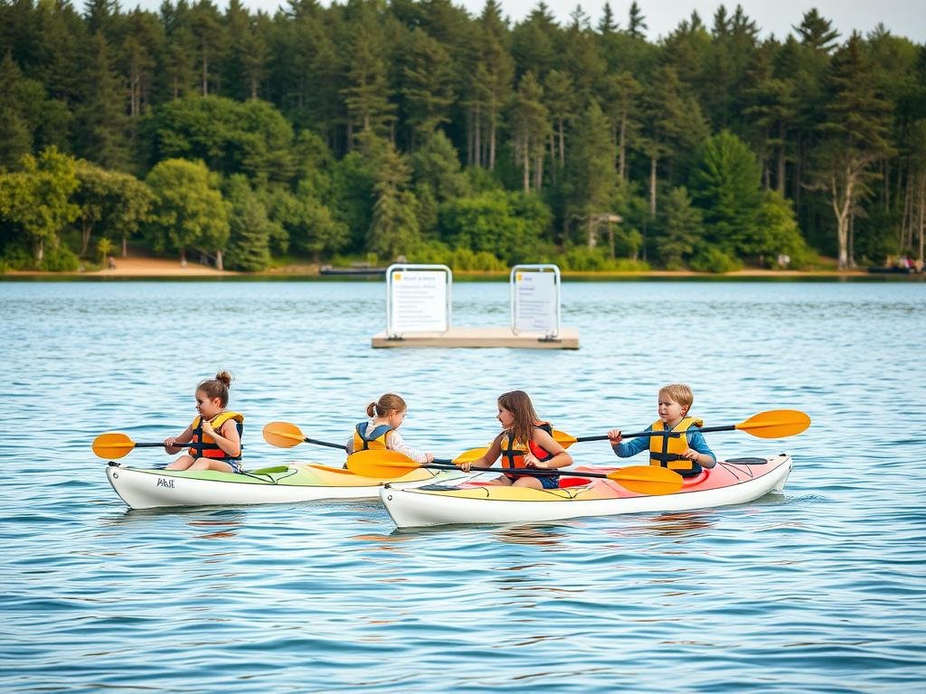 A serene lakeside scene with a family of four safely kayaking in the foreground. The children wear life jackets and paddles with confident technique. In the middle ground, a floating dock provides a launch point, with signage highlighting key safety tips. The background features a lush, verdant shoreline with towering pines, creating a peaceful, natural atmosphere. Soft, diffused lighting casts a warm, welcoming glow across the entire composition. The overall mood is one of tranquility and safety, encouraging families to venture out and explore the kid-friendly kayaking spots of Michigan. A serene lakeside scene with a family of four safely kayaking in the foreground. The children wear life jackets and paddles with confident technique. In the middle ground, a floating dock provides a launch point, with signage highlighting key safety tips. The background features a lush, verdant shoreline with towering pines, creating a peaceful, natural atmosphere. Soft, diffused lighting casts a warm, welcoming glow across the entire composition. The overall mood is one of tranquility and safety, encouraging families to venture out and explore the kid-friendly kayaking spots of Michigan.