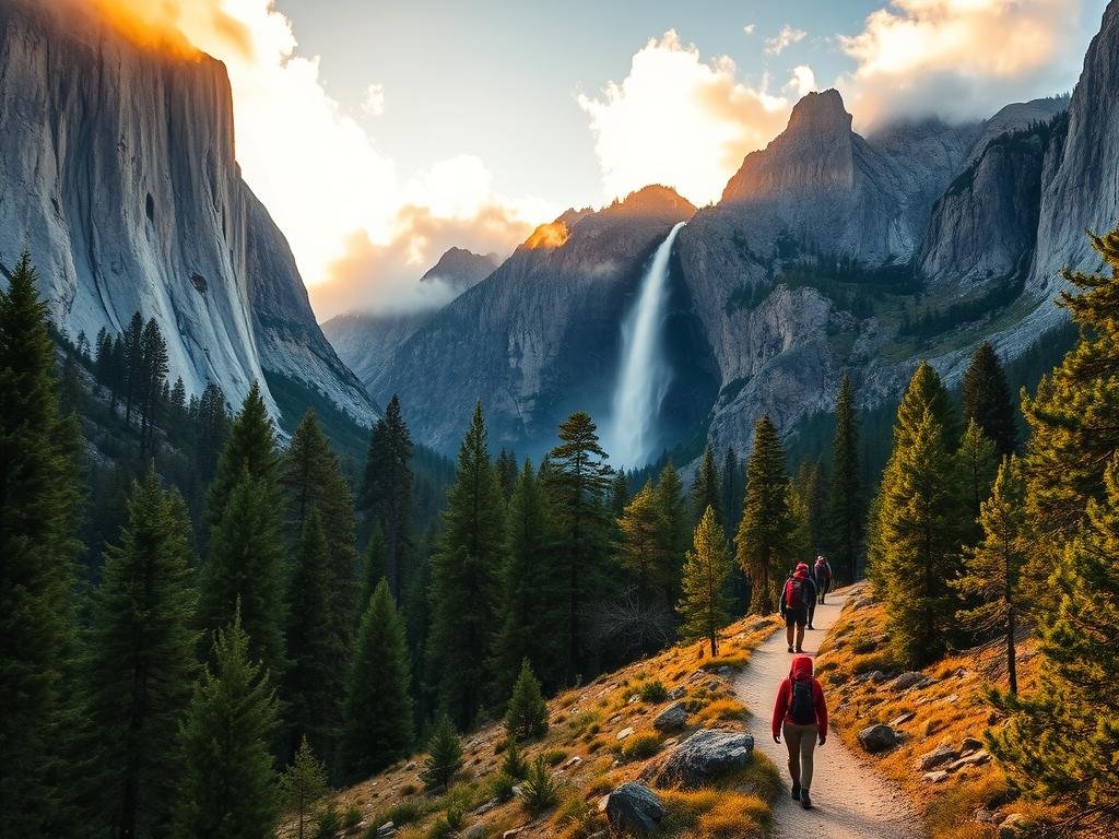 A serene landscape in Yosemite National Park, showcasing a winding hiking trail that meanders through lush evergreen forests. The trail is flanked by towering granite cliffs, their rugged faces bathed in warm, golden sunlight that filters through wispy clouds. In the distance, a majestic waterfall cascades down the rocky terrain, its misty spray creating a captivating, almost ethereal atmosphere. Hikers, adorned in hiking gear, traverse the trail, their silhouettes providing a sense of scale and adventure. The image conveys the awe-inspiring beauty and scale of Yosemite's natural wonders, inviting the viewer to embark on an unforgettable hiking journey. A serene landscape in Yosemite National Park, showcasing a winding hiking trail that meanders through lush evergreen forests. The trail is flanked by towering granite cliffs, their rugged faces bathed in warm, golden sunlight that filters through wispy clouds. In the distance, a majestic waterfall cascades down the rocky terrain, its misty spray creating a captivating, almost ethereal atmosphere. Hikers, adorned in hiking gear, traverse the trail, their silhouettes providing a sense of scale and adventure. The image conveys the awe-inspiring beauty and scale of Yosemite's natural wonders, inviting the viewer to embark on an unforgettable hiking journey.