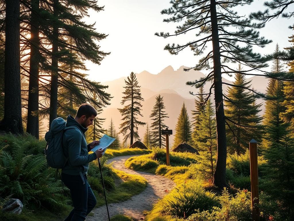 A serene mountain trail winds through a lush, verdant forest. In the foreground, a solo hiker pauses, carefully inspecting a compass and map, their backpack and hiking poles at the ready. Towering pine trees and ferns create a natural canopy, diffusing the warm, golden light filtering through. In the middle ground, signposts and trail markers offer clear directions, guiding the hiker along the safe path. The background features majestic snow-capped peaks, their jagged silhouettes casting long shadows across the landscape. The overall mood is one of tranquility, preparedness, and a deep appreciation for the beauty of the natural world. A serene mountain trail winds through a lush, verdant forest. In the foreground, a solo hiker pauses, carefully inspecting a compass and map, their backpack and hiking poles at the ready. Towering pine trees and ferns create a natural canopy, diffusing the warm, golden light filtering through. In the middle ground, signposts and trail markers offer clear directions, guiding the hiker along the safe path. The background features majestic snow-capped peaks, their jagged silhouettes casting long shadows across the landscape. The overall mood is one of tranquility, preparedness, and a deep appreciation for the beauty of the natural world.