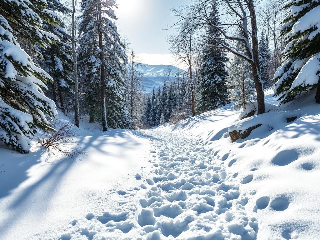 A snow-covered winter trail winding through a dense evergreen forest, the branches laden with fresh powder. Sunlight filters through the canopy, casting a warm glow over the pristine landscape. In the foreground, packed snow crunches underfoot, inviting hikers to explore this serene and challenging winter wonderland. The trail gradually ascends, offering glimpses of distant snow-capped peaks through the bare trees. A sense of peaceful solitude and the invigorating chill of the crisp air create an atmosphere of tranquil adventure, perfectly capturing the essence of winter hiking's captivating rewards. A snow-covered winter trail winding through a dense evergreen forest, the branches laden with fresh powder. Sunlight filters through the canopy, casting a warm glow over the pristine landscape. In the foreground, packed snow crunches underfoot, inviting hikers to explore this serene and challenging winter wonderland. The trail gradually ascends, offering glimpses of distant snow-capped peaks through the bare trees. A sense of peaceful solitude and the invigorating chill of the crisp air create an atmosphere of tranquil adventure, perfectly capturing the essence of winter hiking's captivating rewards.