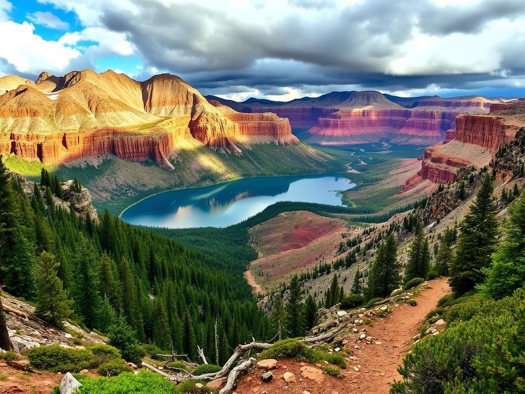 A stunning landscape showcasing the diverse hiking terrains found within America's national parks. In the foreground, a rugged mountain trail winds through a lush, verdant forest, casting soft, warm lighting across the scene. In the middle ground, a crystal-clear alpine lake reflects the towering, snow-capped peaks surrounding it, creating a sense of serene tranquility. The background reveals a dramatic desert canyon, its weathered, ochre-hued cliffs jutting skyward beneath a dramatic, cloud-swept sky. The overall mood evokes a spirit of adventure, exploration, and the awe-inspiring natural wonders that make these hiking trails so captivating. A stunning landscape showcasing the diverse hiking terrains found within America's national parks. In the foreground, a rugged mountain trail winds through a lush, verdant forest, casting soft, warm lighting across the scene. In the middle ground, a crystal-clear alpine lake reflects the towering, snow-capped peaks surrounding it, creating a sense of serene tranquility. The background reveals a dramatic desert canyon, its weathered, ochre-hued cliffs jutting skyward beneath a dramatic, cloud-swept sky. The overall mood evokes a spirit of adventure, exploration, and the awe-inspiring natural wonders that make these hiking trails so captivating.