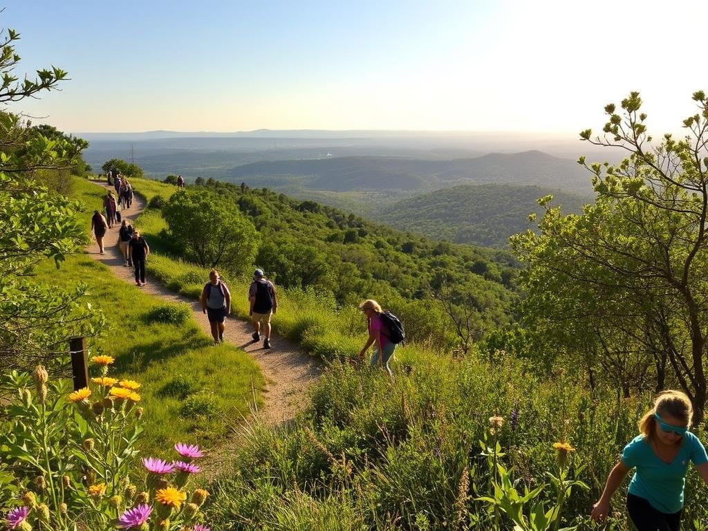 A sun-dappled nature trail winds through the lush, verdant landscape of the Texas Hill Country. Hikers of all skill levels traverse the well-marked path, some briskly ascending gentle slopes, others leisurely meandering through shaded glades. In the foreground, wildflowers dot the trailside, their vibrant petals dancing in the soft breeze. Distant rolling hills recede into the hazy horizon, capped by the warm glow of the afternoon sun. The scene radiates a sense of tranquility and adventure, inviting visitors to explore the diverse terrain at their own pace, whether beginner or seasoned trekker.