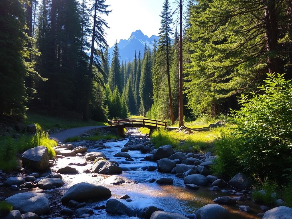 A sun-dappled trail winds through a lush, verdant forest in Northern Idaho's Shadow Falls. Towering evergreens cast gentle shadows across the path, creating a serene and calming atmosphere. In the foreground, a babbling brook flows over smooth rocks, its soothing sounds inviting hikers to pause and take in the natural beauty. The middle ground features a small footbridge arching gracefully over the creek, leading deeper into the forest. The background showcases rugged, snow-capped peaks that rise majestically, framing the scene with a sense of grandeur. The lighting is soft and diffused, creating a warm, inviting glow that highlights the vibrant greens and earthy tones of the landscape. This picturesque trail offers an easy, family-friendly hike with breathtaking vistas and a tranquil atmosphere. A sun-dappled trail winds through a lush, verdant forest in Northern Idaho's Shadow Falls. Towering evergreens cast gentle shadows across the path, creating a serene and calming atmosphere. In the foreground, a babbling brook flows over smooth rocks, its soothing sounds inviting hikers to pause and take in the natural beauty. The middle ground features a small footbridge arching gracefully over the creek, leading deeper into the forest. The background showcases rugged, snow-capped peaks that rise majestically, framing the scene with a sense of grandeur. The lighting is soft and diffused, creating a warm, inviting glow that highlights the vibrant greens and earthy tones of the landscape. This picturesque trail offers an easy, family-friendly hike with breathtaking vistas and a tranquil atmosphere.