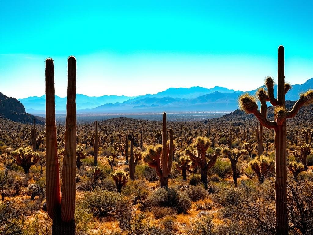 A vast desert landscape under a vibrant, azure sky. In the foreground, towering saguaro cacti stand tall, their iconic silhouettes casting dramatic shadows. Scattered throughout the middle ground, rugged Joshua trees reach skyward, their twisted branches creating a striking contrast against the arid terrain. Distant mountains shimmer in the hazy heat, creating a sense of boundless, untamed wilderness. The warm, golden light filters through, casting a warm, inviting glow over the entire scene. A wide-angle lens captures the grandeur and wonder of this iconic desert habitat, ready to transport the viewer on an unforgettable adventure. A vast desert landscape under a vibrant, azure sky. In the foreground, towering saguaro cacti stand tall, their iconic silhouettes casting dramatic shadows. Scattered throughout the middle ground, rugged Joshua trees reach skyward, their twisted branches creating a striking contrast against the arid terrain. Distant mountains shimmer in the hazy heat, creating a sense of boundless, untamed wilderness. The warm, golden light filters through, casting a warm, inviting glow over the entire scene. A wide-angle lens captures the grandeur and wonder of this iconic desert habitat, ready to transport the viewer on an unforgettable adventure.
