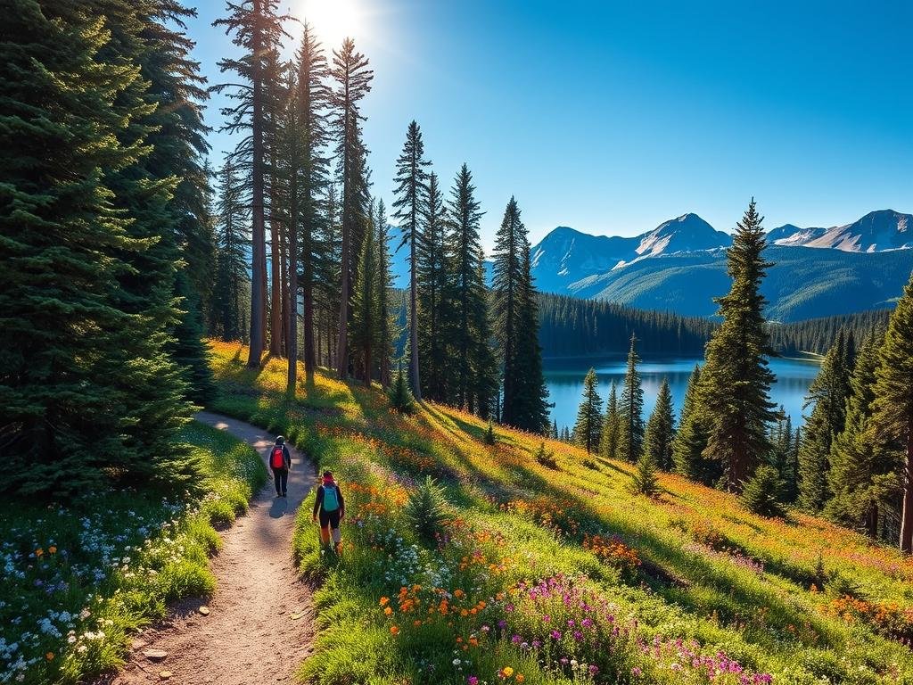 Lush evergreen forests, crisp alpine air, and the rugged peaks of Northern Idaho set the stage for a breathtaking seasonal hiking adventure. In the foreground, a well-worn trail winds through a carpet of vibrant wildflowers, leading the way towards a picturesque mountain lake, its surface reflecting the surrounding peaks. Dappled sunlight filters through the canopy of towering pines, casting a warm, golden glow over the scene. The middle ground reveals a group of hikers, their backpacks and gear suggesting a day of exploration and discovery. In the distance, snow-capped summits pierce the horizon, hinting at the diverse terrain and changing landscapes that await the adventurous hiker throughout the seasons. This is Northern Idaho, a world of natural wonder and endless possibilities for the outdoor enthusiast. Lush evergreen forests, crisp alpine air, and the rugged peaks of Northern Idaho set the stage for a breathtaking seasonal hiking adventure. In the foreground, a well-worn trail winds through a carpet of vibrant wildflowers, leading the way towards a picturesque mountain lake, its surface reflecting the surrounding peaks. Dappled sunlight filters through the canopy of towering pines, casting a warm, golden glow over the scene. The middle ground reveals a group of hikers, their backpacks and gear suggesting a day of exploration and discovery. In the distance, snow-capped summits pierce the horizon, hinting at the diverse terrain and changing landscapes that await the adventurous hiker throughout the seasons. This is Northern Idaho, a world of natural wonder and endless possibilities for the outdoor enthusiast.