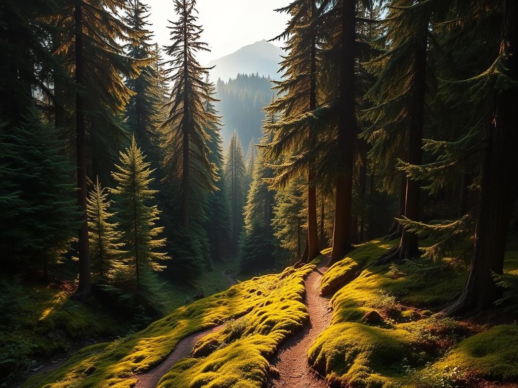 Lush evergreen forests of Northern Idaho, towering pines and firs casting long shadows on a mossy forest floor. A winding hiking trail cuts through the verdant underbrush, leading the eye towards a distant mountain peak shrouded in mist. Warm, diffused sunlight filters through the canopy, casting a golden glow over the scene. The overall atmosphere is serene and tranquil, inviting the viewer to embark on a peaceful journey through this pristine wilderness. Lush evergreen forests of Northern Idaho, towering pines and firs casting long shadows on a mossy forest floor. A winding hiking trail cuts through the verdant underbrush, leading the eye towards a distant mountain peak shrouded in mist. Warm, diffused sunlight filters through the canopy, casting a golden glow over the scene. The overall atmosphere is serene and tranquil, inviting the viewer to embark on a peaceful journey through this pristine wilderness.