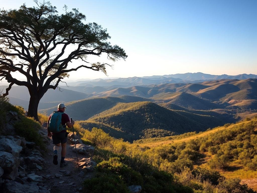 Stunning landscape of the Texas Hill Country, featuring rolling hills, lush greenery, and winding trails. In the foreground, a hiker navigates a rocky path, equipped with a backpack and hiking poles. The middle ground showcases a distant ridgeline, bathed in warm, golden light. In the background, a majestic oak tree provides a natural canopy, casting soft shadows across the scene. The overall atmosphere is one of serenity and adventure, inviting the viewer to embark on an unforgettable hiking experience in this picturesque region.