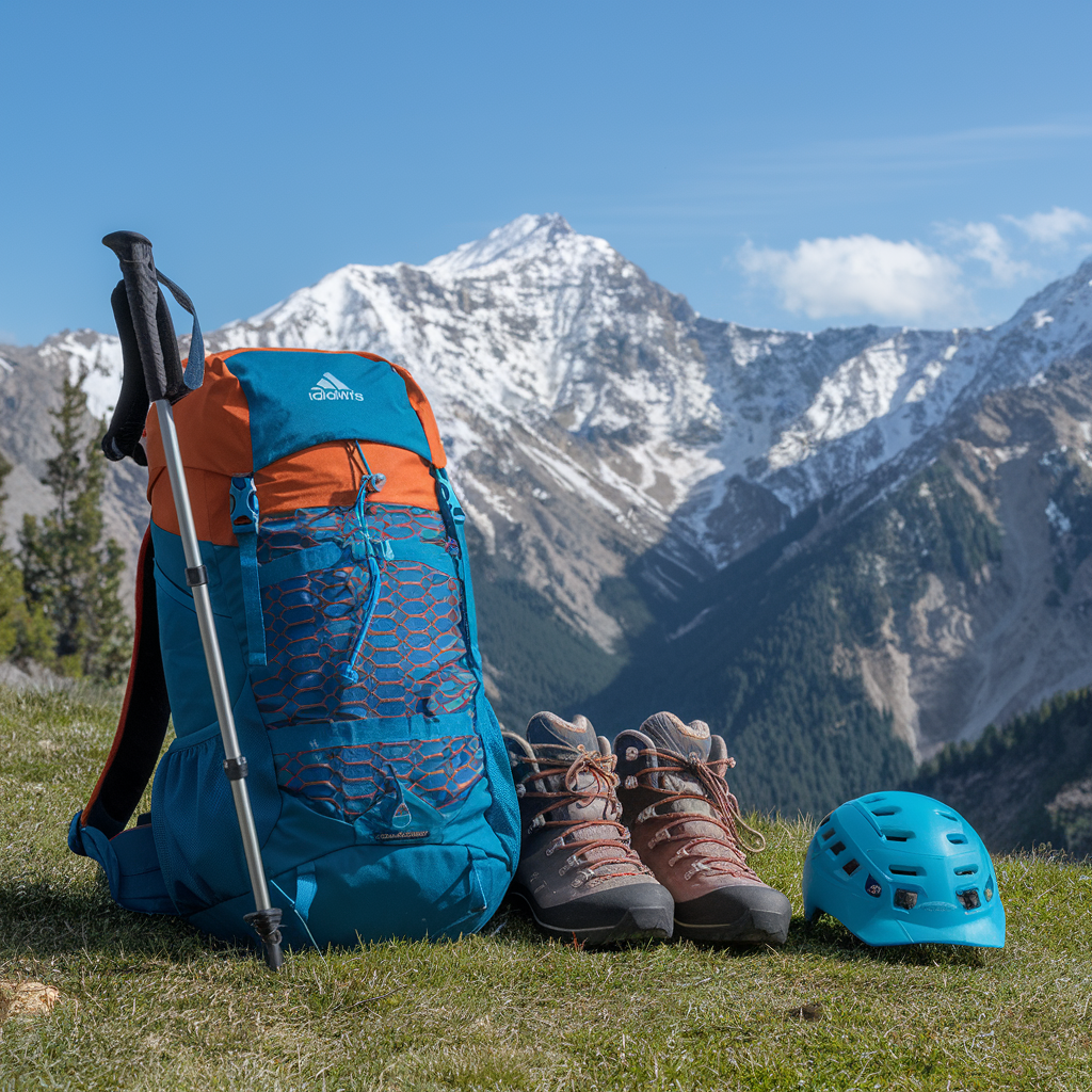 Image of a backpack, hiking boots, and helmet. Snow-capped mountains in background.
