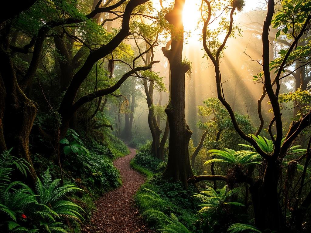 Colden sunlight through hiking trail in Costa Rica.