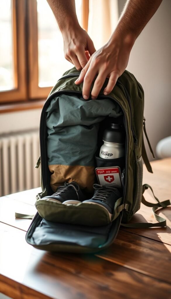 A backpacker carefully packing a lightweight hiking backpack on a wooden table. The pack is open, revealing neatly organized compartments filled with essential gear - a sleeping bag, hiking shoes, a water bottle, and a compact first-aid kit. Sunlight streams in through a nearby window, casting a warm, natural glow over the scene. The backpacker's hands methodically place each item, ensuring an even weight distribution for maximum comfort on the trail. The background is blurred, placing the focus on the precise, deliberate packing process. The mood is one of preparation and anticipation for an upcoming hiking adventure. A backpacker carefully packing a lightweight hiking backpack on a wooden table. The pack is open, revealing neatly organized compartments filled with essential gear - a sleeping bag, hiking shoes, a water bottle, and a compact first-aid kit. Sunlight streams in through a nearby window, casting a warm, natural glow over the scene. The backpacker's hands methodically place each item, ensuring an even weight distribution for maximum comfort on the trail. The background is blurred, placing the focus on the precise, deliberate packing process. The mood is one of preparation and anticipation for an upcoming hiking adventure.